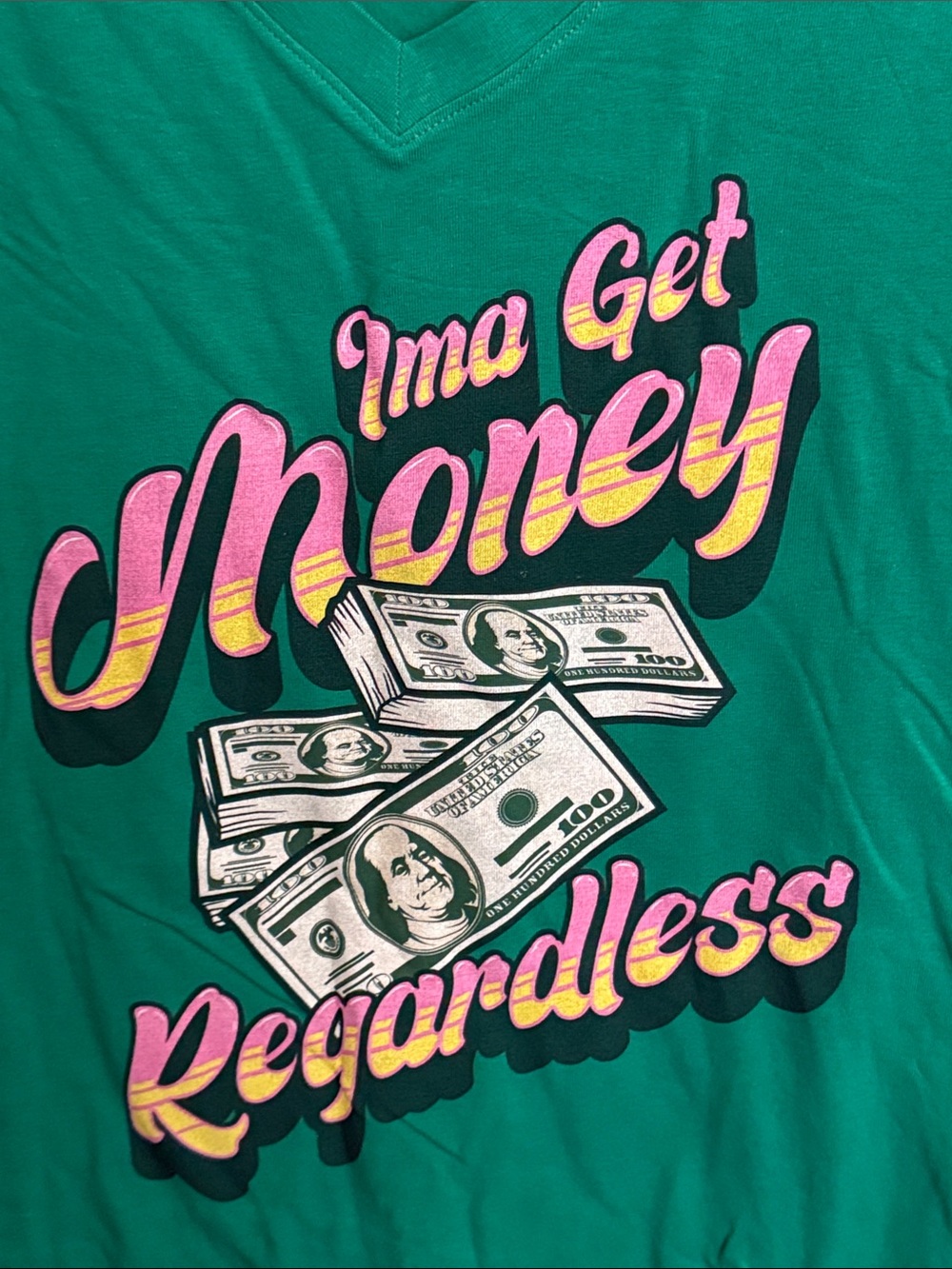 Green V-Neck Graphic Tee - 'I'ma Get Money' - Picture 3 of 5
